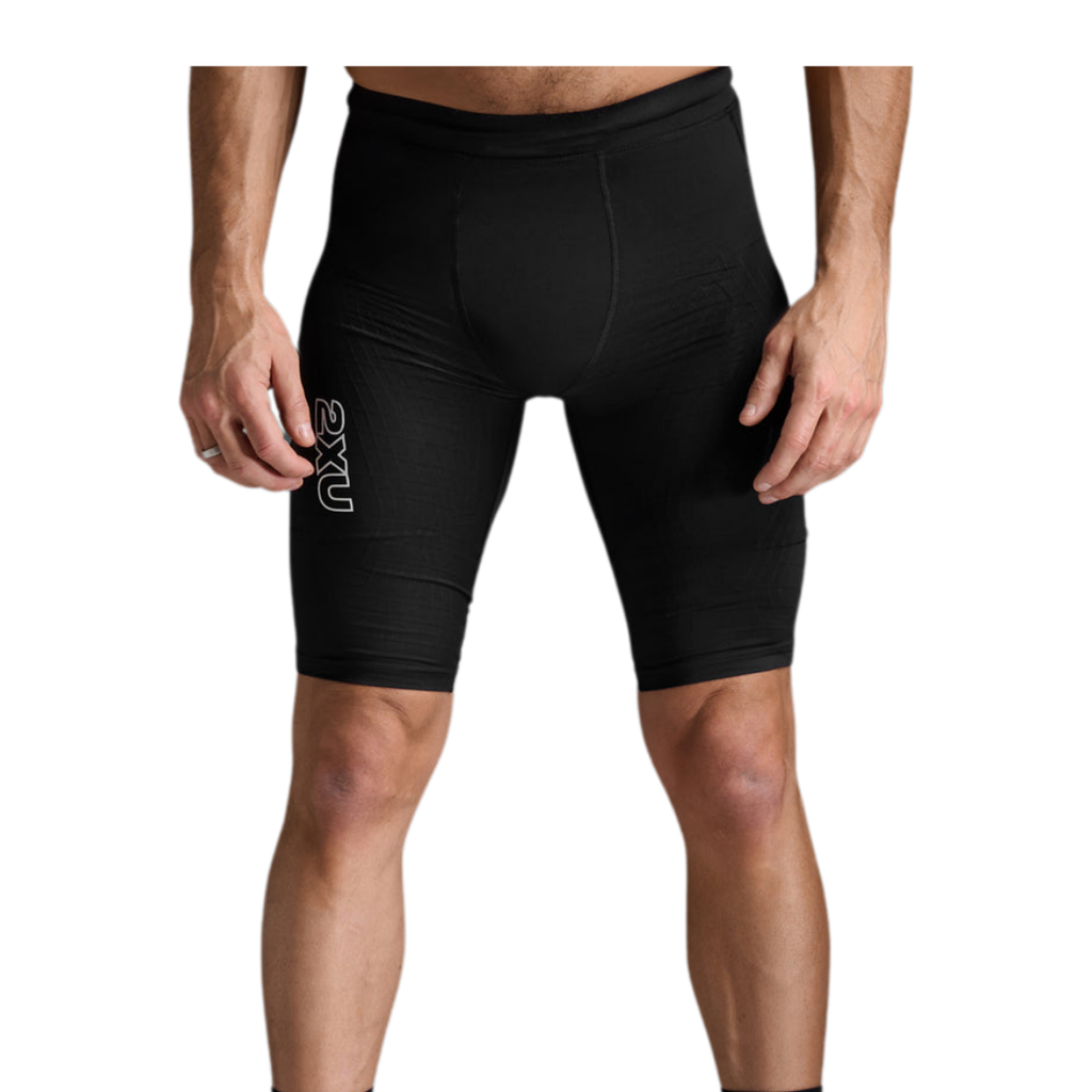 2XU Men's Light Speed React Compression Shorts (Black/White Reflective)